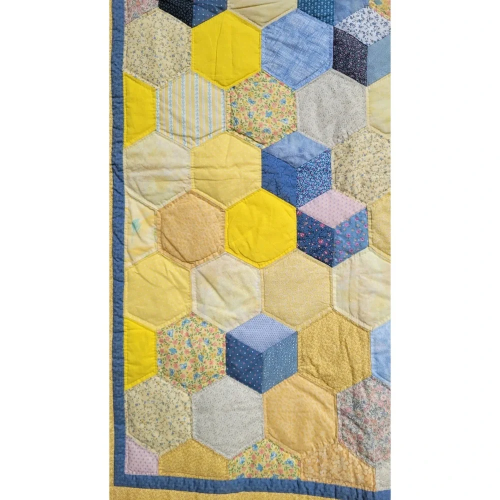 Vintage‎ Baby Crib Quilt 40x56 Yellow Blue Patchwork Tumbling Blocks